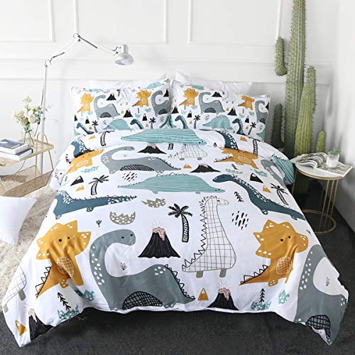 ARIGHTEX Dinosaur Print Bedding for Queen Size Bed Boys Cute Ancient Animal Duvet Cover Hand Drawn Dino 3 Pieces Kids Cartoon Comforter Cover Set 